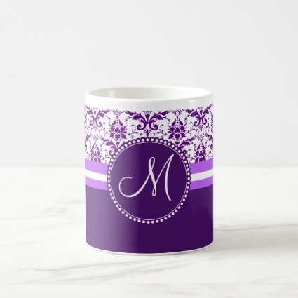 Monogram Elegant Vintage Purple and White Damask Coffee Mugs