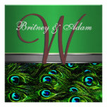 Monogram Emerald Green Peacock Wedding Invitations