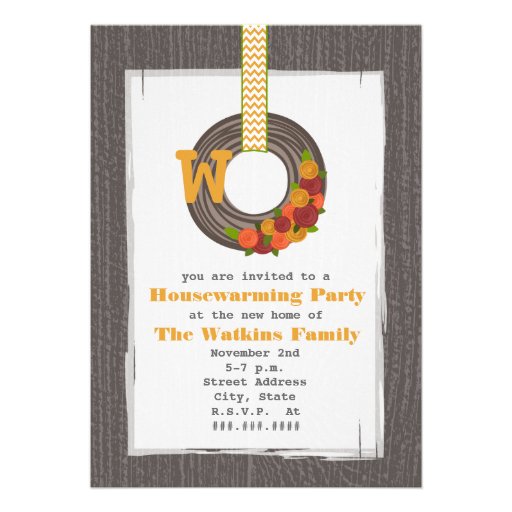 Monogram Fall Wreath Wood Inspired Housewarming Custom Invites (front side)