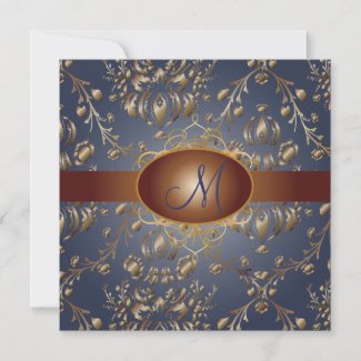 Monogram faux copper damask/navy blue invitation