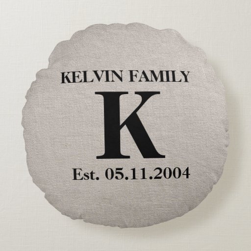 Monogram faux linen burlap rustic chic initial jut round pillow Zazzle