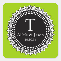 Monogram Fleur de Lis Wedding Favor Sticker Green