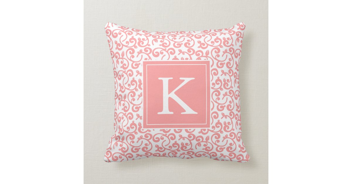 Monogram Floral Vineyard in Pink Coral Throw Pillow Zazzle