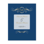 Monogram Golden Swirls Elegant Blue RSVP Post Card
