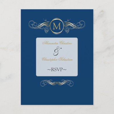 Monogram Golden Swirls Elegant Blue RSVP Post Card