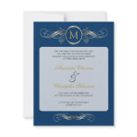 Monogram Golden Swirls Elegant Blue Wedding 2 Custom Invitations