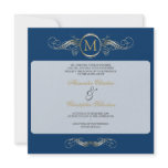 Monogram Golden Swirls Elegant Blue Wedding 4 Invites