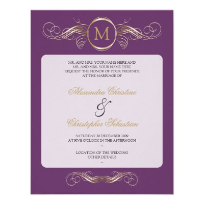 Monogram Golden Swirls Elegant Purple Wedding 2 Announcement