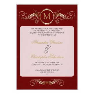 Monogram Golden Swirls Elegant Red Wedding Personalized Invitation