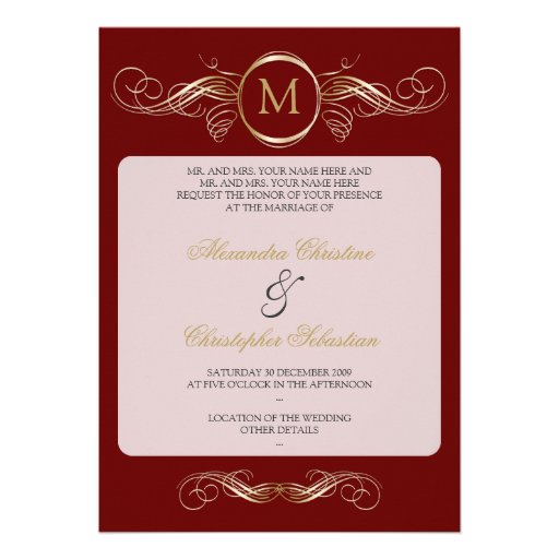 Monogram Golden Swirls Elegant Red Wedding Personalized Invitation