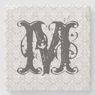 Monogram Gray Tones Vintage Floral Pattern Stone Coaster