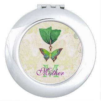Monogram Green and Purple Peacock Butterfly Award Compact Mirror
