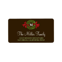 Monogram green wreath brown holiday return address custom address labels