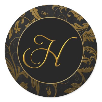 Monogram H Gold and Black Damask Wedding Seal Round Sticker