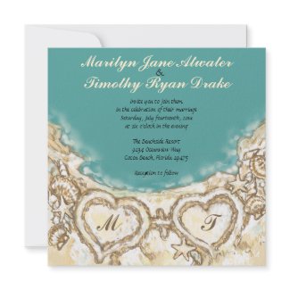 Monogram Hearts on the Beach Wedding Invitation