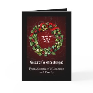 Monogram Holly Wreath Personalized Holiday Card card