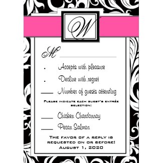 Monogram Hot Pink Black Damask Wedding RSVP Cards invitation
