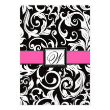 Monogram Hot Pink Black Damask Wedding RSVP Cards Custom Announcements