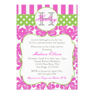 Monogram Hot Pink Green Baby Shower Invitation