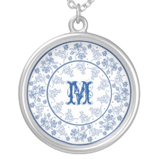 Monogram Indigo Floral Border Round Pendant