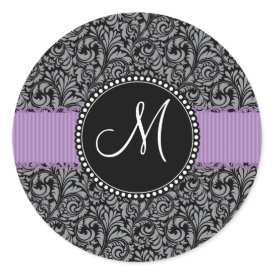 Monogram Initial Black Floral Damask Purple Ribbon Sticker