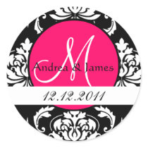 Monogram Initial Damask Hot Pink Wedding Seal Round Sticker