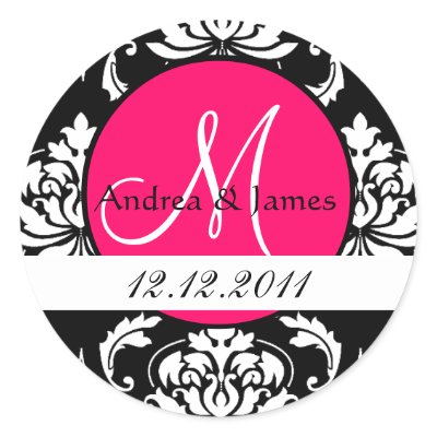 Monogram Initial Damask Hot Pink Wedding Seal Round Sticker