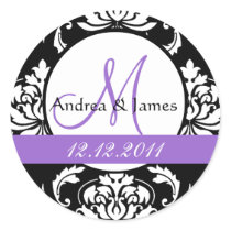 Monogram Initial Damask Purple Wedding Seal Stickers