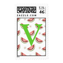 Monogram Initial Watermelon Postage Stamp Letter V