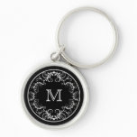 Monogram Keychain Elegant Floral Black and White keychains