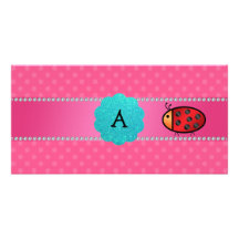 Monogram ladybug pink polka dots photo card