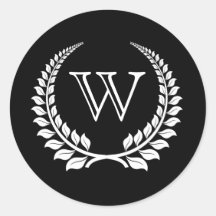 Monogram Laurel Black/White Round Stickers