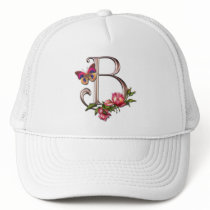 MONOGRAM LETTER B WITH ROSES AND BUTTERFLY TRUCKER HAT
