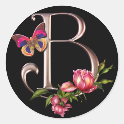 MONOGRAM LETTER B WITH ROSES AND BUTTERFLY ROUND STICKERS
