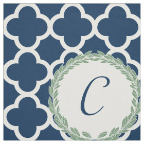 Monogram Letter Blue with Green Wreath Quatrefoil Fabric