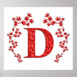 Monogram Letter D Red Leaves Print