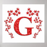 Monogram Letter G Red Leaves Print