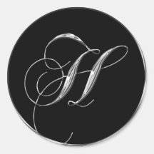 Monogram Letter H Sliver On Black Wedding Seal Round Stickers