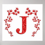 Monogram Letter J Red Leaves Posters