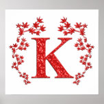 Monogram Letter K Red Leaves Print