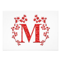 Monogram Letter M Red Leaves Custom Announcements