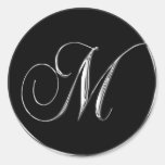 Monogram Letter M Sliver On Black Wedding Seal Round Stickers