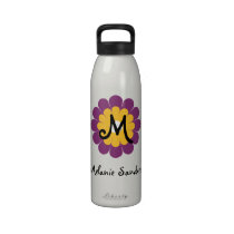 Monogram letter name mod purple yellow flower water bottles
