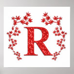 Monogram Letter R Red Leaves Print