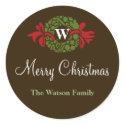 Monogram letter wreath Christmas holiday gift tag sticker