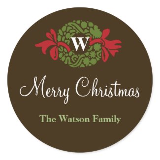 Monogram letter wreath Christmas holiday gift tag sticker