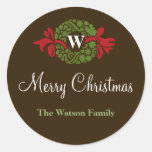Monogram letter wreath Christmas holiday gift tag Round Stickers