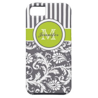 Monogram Lime Gray White Striped Damask iPhone 5 Case