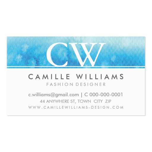MONOGRAM LOGO whimsical ombre watercolor aqua blue Business Card (front side)
