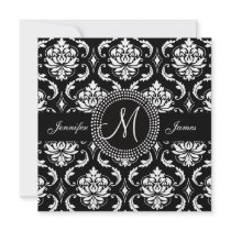 Monogram M Damask Black Wedding Invitations